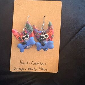 Vintage Colorful Dog Pierced Earrings with Blue Bone